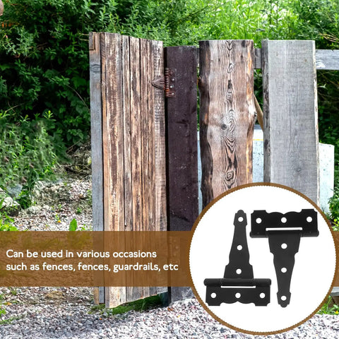 Heavy Duty 5 Inch Iron T Shaped Barn Door Hinges Set Matte Black on rustic wooden gate outdoors