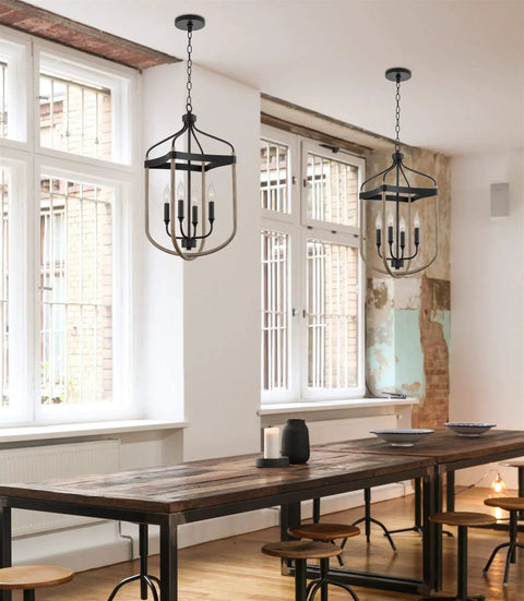 Austen 26 Inch 4 Light Modern Farmhouse Lantern Pendant Light with Adjustable Foyer Chandelier in Smoked Birch Finish above dining table