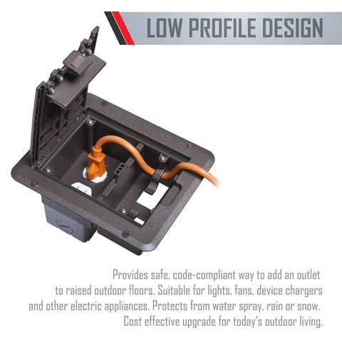 DOC320Z Outdoor Deck Power Cover 1-Gang Bronze shown open with cord, low profile design with UV-resistant polycarbonate.