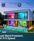 Matter Smart Light Bulbs Dual Band WiFi 6 2.4GHz And 5GHz, Lightning Fast Response, Compatible With Alexa Apple HomeKit Google Home And More, Easy Setup For Smarter Rooms And Cozy Ambience. Modern home lit in zones with 2.4GHz+5GHz Wi-Fi