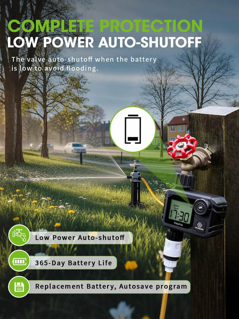 Programmable Sprinkler Timer For Garden And Lawn, No-Fuss Two Button Setup, Rain Delay, Manual And Automatic Watering Modes shown in use
