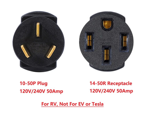 NEMA 10-50P to 14-50R 50 Amp Power Cord Adapter for Generators, RVs, Welders, Dryers, Stoves showing plug and receptacle ends