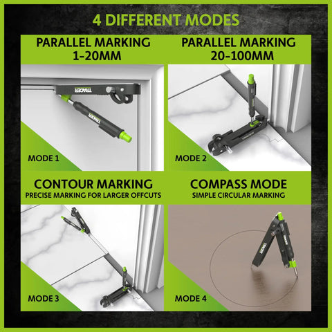 Heavy Duty Woodworking Scribe Tool Set With Deep Hole Marking Pen And Replacement Leads showing 4 modes of marking use.