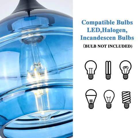 Close-up of blue glass shade with light bulb fitting for Two Pack Blue Glass Pendant Lights With Round Shade, Modern Hanging Fixture