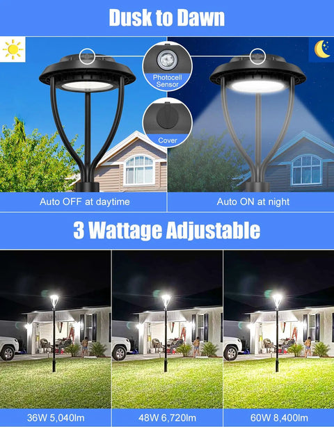 Adjustable 60W LED Post Top Light With 36W 48W 60W Wattage, 8400 Lumens, IP65 photodetect feature, dusk to dawn operation.