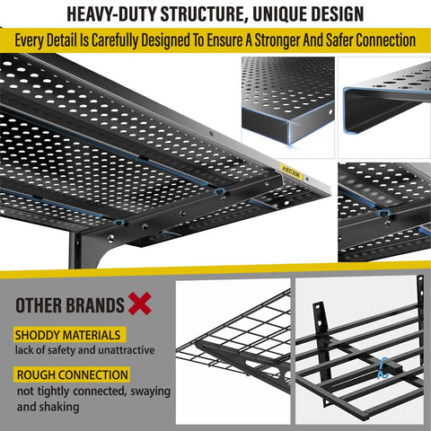 2-Pack Two-Tier Garage Shelving Wall Mounted, heavy duty 500 lb total load; close-up of black shelves showing detail and sturdy design.