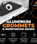 Heavy Duty Poly Tarp 30 Foot By 30 Foot 10 Mil Waterproof UV Blocking Protective Cover With Reversible Silver And Black Laminated Coating Grommets for outdoor gear close-up showing aluminum grommets and reinforced edges.