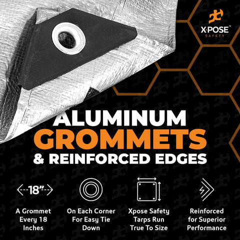 Heavy Duty Poly Tarp 30 Foot By 30 Foot 10 Mil Waterproof UV Blocking Protective Cover With Reversible Silver And Black Laminated Coating Grommets for outdoor gear close-up showing aluminum grommets and reinforced edges.