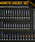 Magnetic socket set from the 80-Piece Deep Impact Driver Bit Set With Magnetic Nut Drivers SAE And Metric Sockets Universal Sockets Extensions Socket Adapters Wing Nut Driver The Pro-Grade All-In-One Kit For Pros And Handy Dads.