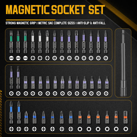 Magnetic socket set from the 80-Piece Deep Impact Driver Bit Set With Magnetic Nut Drivers SAE And Metric Sockets Universal Sockets Extensions Socket Adapters Wing Nut Driver The Pro-Grade All-In-One Kit For Pros And Handy Dads.
