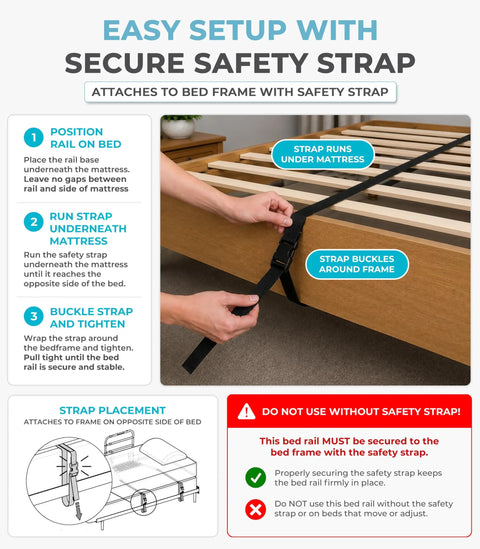 Killer Grip Premium Adjustable Bed Rail For Seniors Featuring No Fuss Setup And Smart Storage Pocket Astm Approved Fall Prevention Safety Guard Railing Black Assist Bar setup instructions with safety strap