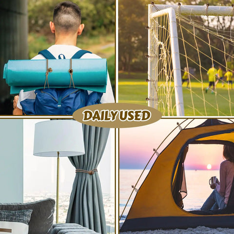 Collage showing 50 Pcs Ball Bungee Cords 6 Inch Tarp Tie Downs in various uses: camping, sports net, curtain tie-back, tent securement.