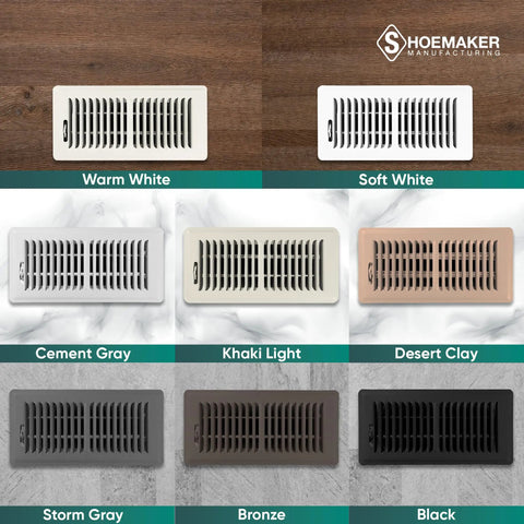 Various color options of heavy duty metal floor vent covers for home HVAC, including 4x10 Storm Gray Floor Register Vent Cover.