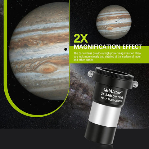 1.25 Inch 2x Barlow Lens For Telescopes And Astrophotography, Full Metal CNC Machined Body, Multi Coated Optics shown with planet.