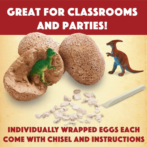 Totally Dig It Up Dinosaur Eggs Excavation Kit For Kids Hands On Paleontology Adventure Learn To Identify Dinosaurs With Excavation Guide Classroom Friendly STEM Activity Family Fun, opened clay egg with toy dinosaur and chisel