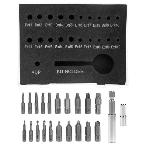 Stripped Screw Extraction Kit 22 Pc with magnetic extension bit holder and socket adapter, showing 20 extraction pieces.