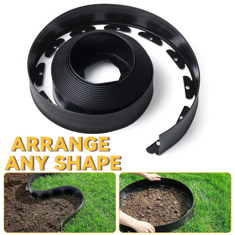 Coiled 40-foot black No Dig Landscape Edging Kit, durable PE material, with U-shaped nails for lawns and flower beds.