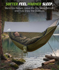Man sleeping in 2 Person Camping Hammock With Mosquito Net And Built In Underquilt, Rain Fly Tarp, set up by a lake