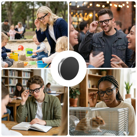 Collage of people using LED Light Blocking Stickers Kit For Ray Ban Meta Wayfarer Skyler Gen 2 And Oakley Meta HSTN glasses