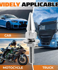 Hella Tough Aluminum Alloy Spiked License Plate Screws Kit Includes Nuts And Washers in silver on display with car and motorcycle.