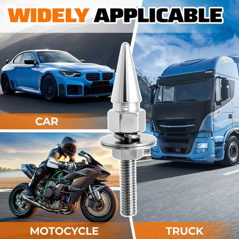 Hella Tough Aluminum Alloy Spiked License Plate Screws Kit Includes Nuts And Washers in silver on display with car and motorcycle.