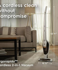 Electrolux Ergorapido cordless 2-in-1 vacuum cleaner in satin white, upright side view in living room