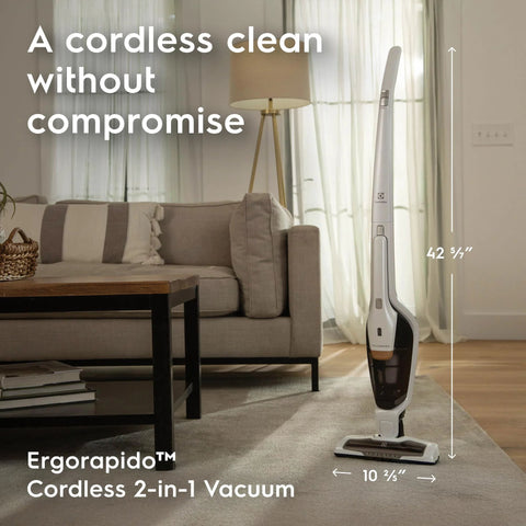 Electrolux Ergorapido cordless 2-in-1 vacuum cleaner in satin white, upright side view in living room