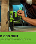 Person using Cordless 24V Quarter Sheet Sander With 2Ah Battery And Charger on wood for smooth swirl free finishing.