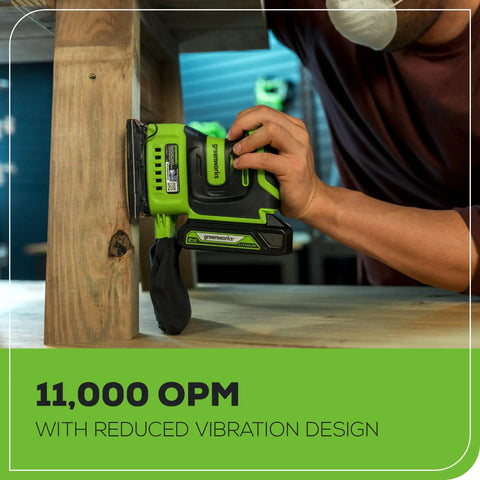 Person using Cordless 24V Quarter Sheet Sander With 2Ah Battery And Charger on wood for smooth swirl free finishing.