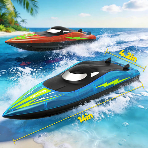 Dual Prop RC Boat With LED Lights 14 Inch Remote Control Water Racer 2 4Ghz Fast Boat Up To 15 KMH 40 Meter Range 2 Pack