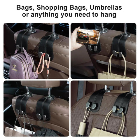 Sleek Double Purse Hook For Car, Universal Auto Seat Back Hanger, Premium Stitched Leather And Alloy Bag Organizer, bags and umbrellas hanging