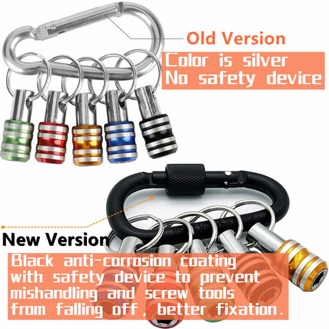 Comparison of old silver and new black 1/4 inch hex shank bit holder keychains, showing safety enhancements and color.