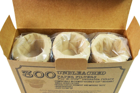 Open box showing unbleached disposable K-Cup paper filters for Keurig, Ekobrew, and EZ-Cup, 300 count for sediment-free brew.