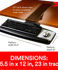 Slick Heavy Hitter Under Desk Keyboard Tray With Gel Wrist Rest And Smooth 23 Inch Glide Platform, adjustable dimensions shown