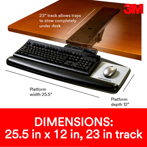 Slick Heavy Hitter Under Desk Keyboard Tray With Gel Wrist Rest And Smooth 23 Inch Glide Platform, adjustable dimensions shown