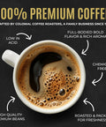 Colombian Arabica Ground Coffee Packets 100 Count Premeasured Frac Packs For 12 Cup Makers Gourmet Medium Roast With Rich Flavor, coffee cup close-up.