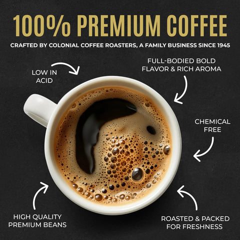 Colombian Arabica Ground Coffee Packets 100 Count Premeasured Frac Packs For 12 Cup Makers Gourmet Medium Roast With Rich Flavor, coffee cup close-up.
