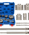 Premium 9-piece Concrete Hole Saw Drill Bit Kit With SDS Plus Arbors And Steel Mandrels For Tough Brick Stone Cement Jobs Featuring Carbide Teeth And Sizes From 30mm To 100mm For Serious Pros. open case with concrete hole saw bits, arbors, and mandrels
