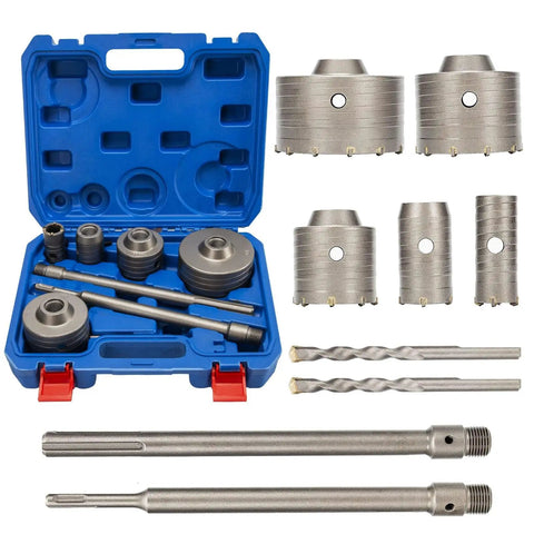 Premium 9-piece Concrete Hole Saw Drill Bit Kit With SDS Plus Arbors And Steel Mandrels For Tough Brick Stone Cement Jobs Featuring Carbide Teeth And Sizes From 30mm To 100mm For Serious Pros. open case with concrete hole saw bits, arbors, and mandrels