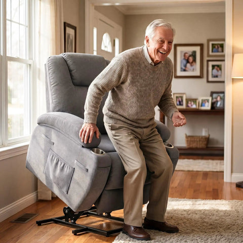 Elderly man using Power Lift Chair Massage Recliner For Seniors With Ergonomic Support Remote Control Built In Cup Holders And Side Pockets Easy Sit To Stand Lift Adjustable Recline Gray, in living room
