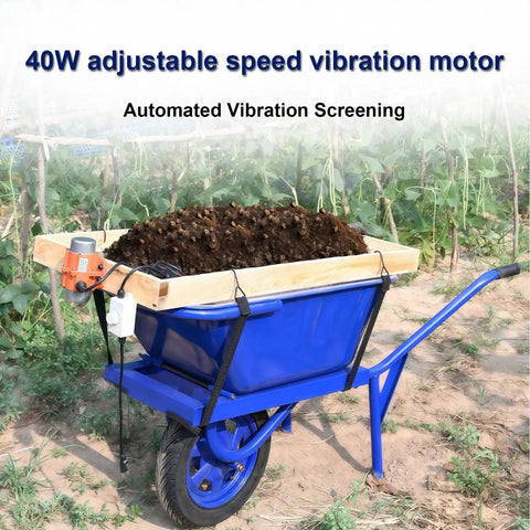 40W 110V Adjustable Vibrating Soil Sifter With Wooden Screen Semi Industrial Grade for rock sand gravel, on wheelbarrow filled with soil.