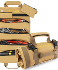 Heavy Duty Roll Up Tool Organizer with Six Pouches for Mechanic Carpenter Electrician and Hobbyist Portable Tool Bag displayed open and closed.