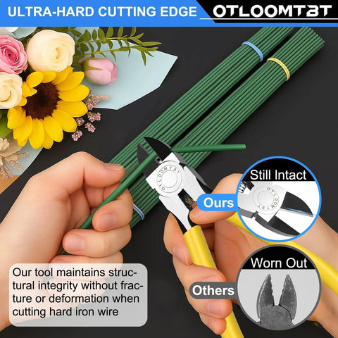 Hands using Ultra Sharp Compact Wire Cutters And Long Flat Nose Pliers 2 Pack for crafts with flowers and wire.