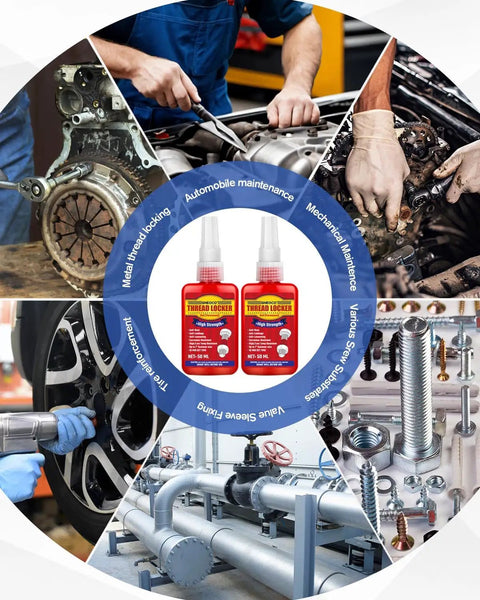 High Strength Red Thread Locker for Nuts and Bolts Permanent Bonding That Prevents Loosening From Vibration Ideal For Automotive Machinery And DIY Fasteners Two 50ml Bottles Of Red Anaerobic Glue shown in various usage contexts.