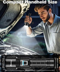 Man using Rechargeable Beast Mode Flashlight With Ultra Bright 100000 Lumens near car engine, showing compact size