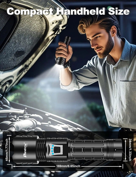 Man using Rechargeable Beast Mode Flashlight With Ultra Bright 100000 Lumens near car engine, showing compact size