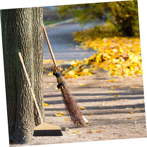 Straight Up Solid Horsehair Broom With Long Grippy Handle And Soft Pine Bristles for sweeping outdoor leaves.