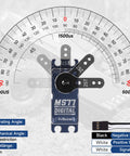 Beefy Brushless High Torque RC Servo Motor with digital stainless steel gears, waterproof, shown with protractor for 180-degree angle demonstration.