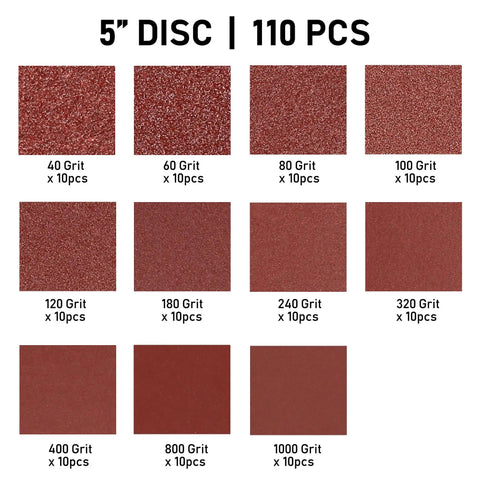 110 Pack 5 Inch 8 Hole Sanding Discs Set With Hook And Loop Aluminum Oxide Pads, All In One Grit Progression From 40 To 1000