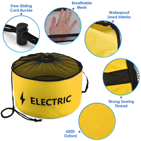 Close-up of a yellow camper organizer bag from the Waterproof RV Hose Storage Bags Set Of 4, with a mesh top and strong cord closure.